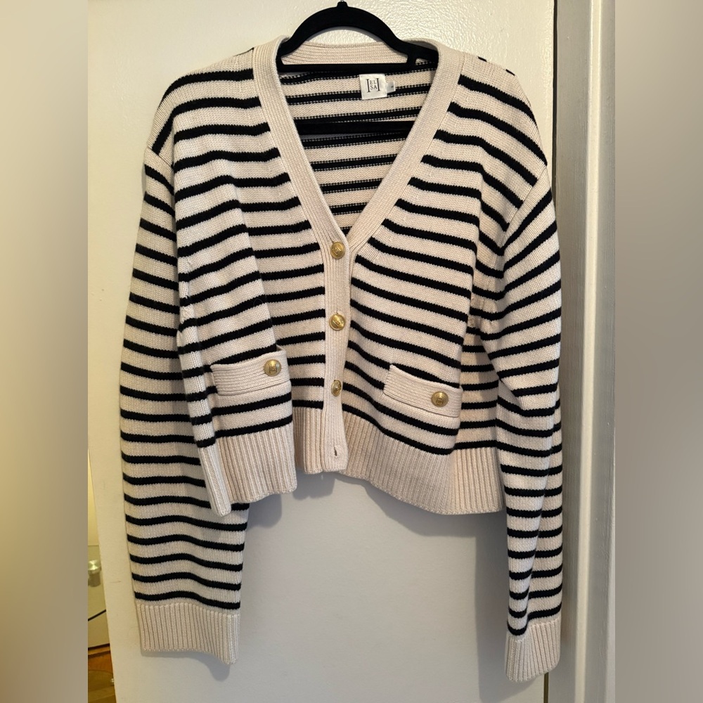 Black and White Cardigan Sweater with V-Neck